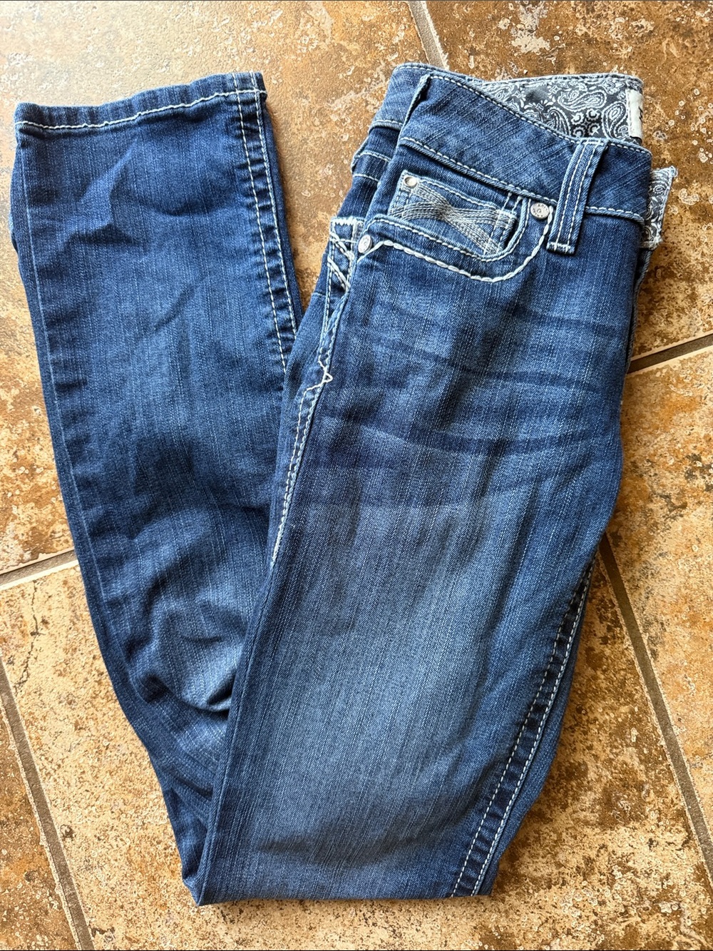 Ariat Women's Dark Blue Straight Leg Jeans with Paisley Waistband Size 25R
